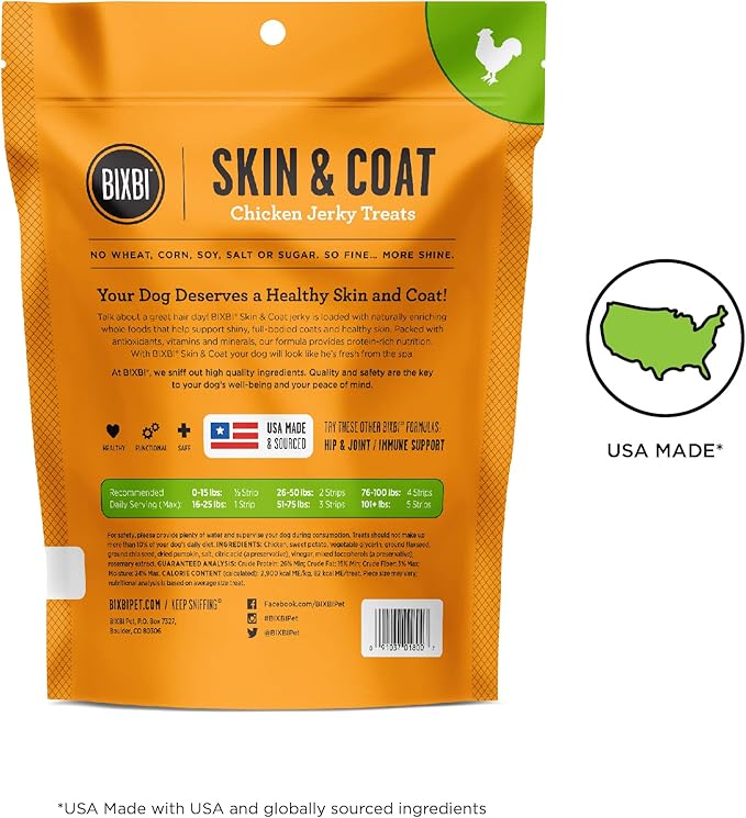 BIXBI Skin & Coat Support Chicken Jerky Dog Treats, 5 oz - USA Made Grain Free Dog Treats - Antioxidant Rich to Support Shiny, Full Bodied Coats - High in Protein, Whole Food Nutrition, No Fillers
