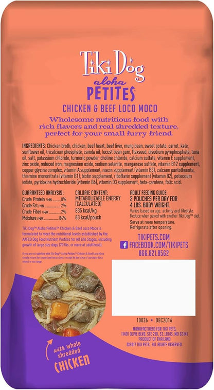 Tiki Dog Petites Grain Free, Chicken & Beef, Nutrient Dense Meat, Meal Topper for Small Dogs and All Life Stages, 3.5 oz Pouch, Pack of 12