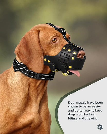 Dog Muzzle, Anti-Escape Leather Basket Muzzle for Medium and Large Dogs, Pitbull Dog Muzzle Leather Amstaff Muzzles Staffordshire Terrier Secure Basket, Prevents Biting, Barking and Chewing(Black,XL)