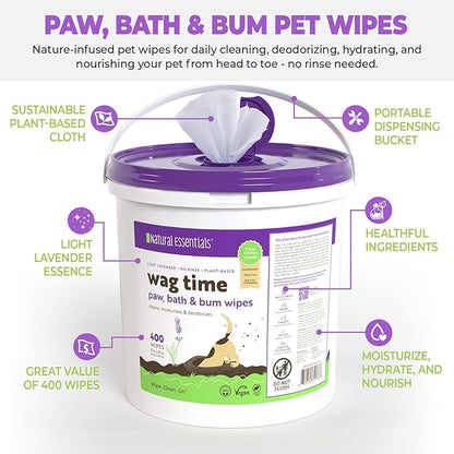 Wag Time Dog Wipes for Paws and Butt - 400 ct Thick Plant-Based Cleaning and Deodorizing Cloth, Lavender with Chamomile, Aloe Vera, Vitamin E, B5, Oatmeal (Pack of 1)