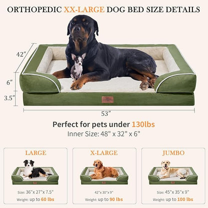 XXL Orthopedic Dog Bed for Extra Large Dogs, Orthopedic Foam Dog Beds Washable, Waterproof Dog Sofa Bed with Removable Cover & Non-Slip Bottom(XX-large,Light Green)
