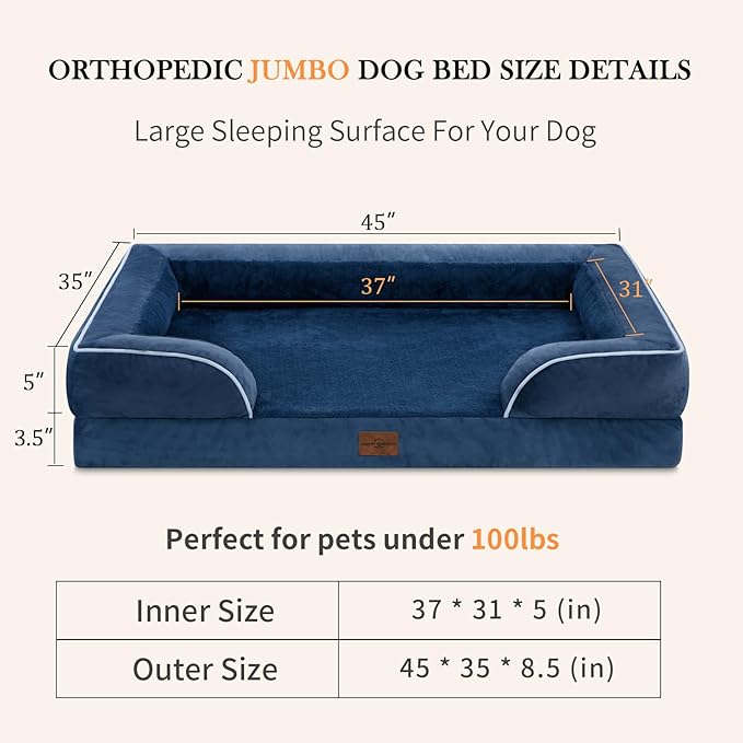 PV Washable Jumbo Dog Bed for Extra Large Dogs, Waterproof Orthopedic Dog Bed, Jumbo Breed Dog Bed Sofa with Removable Cover & Non-Slip Bottom(Jumbo,Navy Blue)