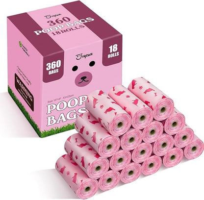 Dog Poop Bags Rolls with Dispenser, Leak Proof, Extra Thick Doggie Pet Waste Bags, 360 Count Poop Bag and Doggy Holder for Dogs Cats, Unscented, Pink