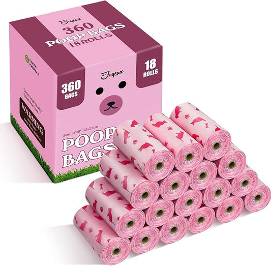 Dog Poop Bags Rolls with Dispenser, Leak Proof, Extra Thick Doggie Pet Waste Bags, 360 Count Poop Bag and Doggy Holder for Dogs Cats, Unscented, Pink