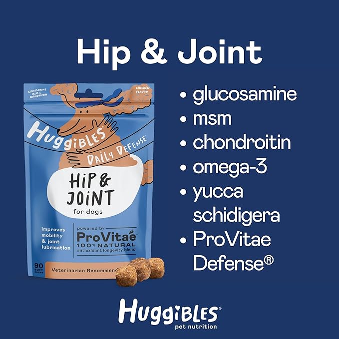 Hip & Joint Support Chewable Supplement for Dogs – Daily Supplement for Mobility Support with Glucosamine, MSM, Chondroitin – Reduce Pain & Inflammation – Antioxidants for Longevity