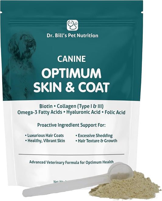 Dr. Bill’s Canine Optimum Skin & Coat (340g) – Fish Oil Omega-3 Fatty Acids Dog Supplement with Biotin, Type I & III Marine Collagen, Hyaluronic Acid & Folic Acid