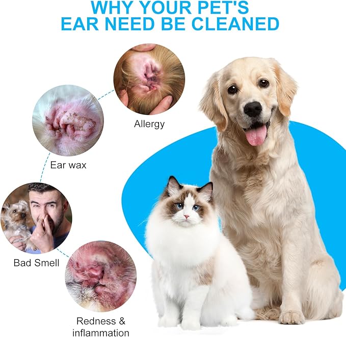 Pet Ear Cleaner Solution & Infection Treatment for Dogs & Cats, Natural Pet Cleanser Drops Helps Eliminate Odor Relieve Infections and Soothe Itchiness - 4.06oz/120ml