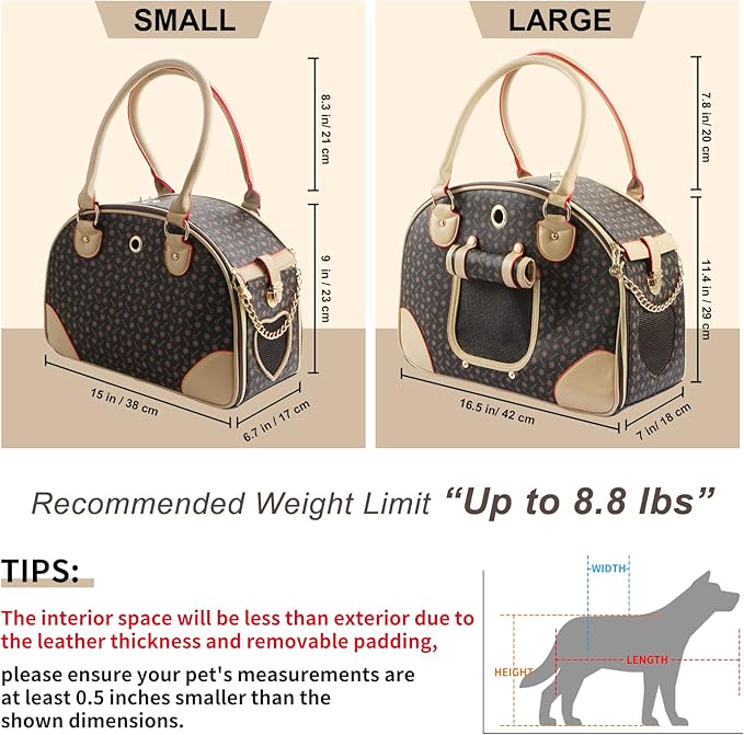 Fashion Dog Carrier PU Leather Dog Handbag Dog Purse Cat Tote Bag Pet Cat Dog Hiking Bag, Brown, Small 38 * 23 * 17cm