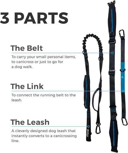 Dog Running Waist Belt - Running Dog Lead - Canicross Harness Carry Personal Items Running, Walks, Hikes - Waist Leads for Dogs with Belt Pouch, Converts into Canicrossing Line - Emerald Blue