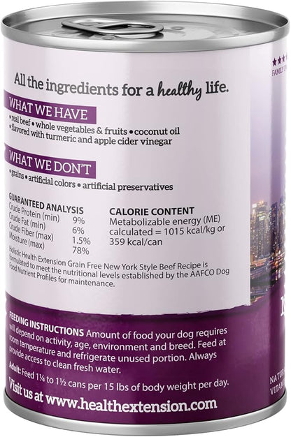 Health Extension Dog Food, New York Style Beef Recipe - 12.5 oz, Grain Free, Added Vitamins and Minerals, for All Life Stages, Vet Formulated, Improve Gut Health, Immune Support (Case of 12 Cans)