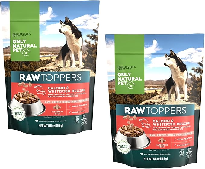 Only Natural Pet Raw Toppers Salmon & Whitefish - Protein Packed, Great Tasting Freeze Dried Raw Food Topper for Dogs - 5.5 OZ Bag 2 Pack