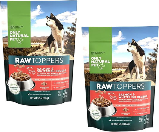 Only Natural Pet Raw Toppers Salmon & Whitefish - Protein Packed, Great Tasting Freeze Dried Raw Food Topper for Dogs - 5.5 OZ Bag 2 Pack