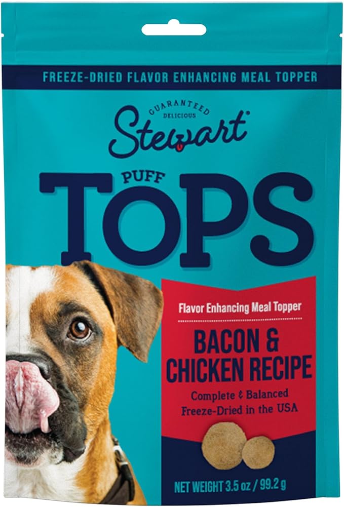 Stewart Freeze Dried Dog Food Topper, PuffTops, Made in USA with Real Bacon, Healthy, Natural, Freeze Dried Dog Treats, Bacon, Chicken, Apple, and Kale Recipe, 3.5 Ounce Resealable Pouch