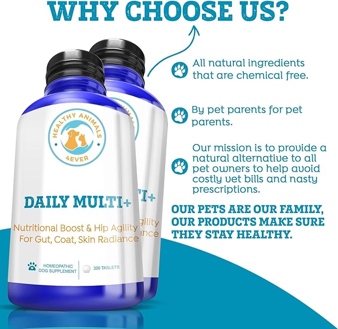 Healthy Animals 4Ever Nutritional Boost & Hip Agility for Gut, Coat, Skin Radiance | Extra Strong Ingredients | Fast Acting Formula | Completely Safe & Natural | 300 Tablets