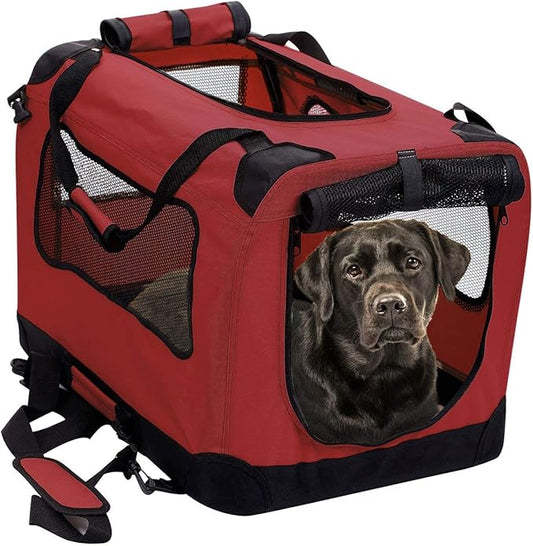 2PET Foldable Dog Crate - Soft, Easy to Fold & Carry Dog Crate for Indoor & Outdoor Use - Comfy Dog Home & Dog Travel Crate - Strong Steel Frame, Washable Fabric Cover, Frontal Zipper XL Red