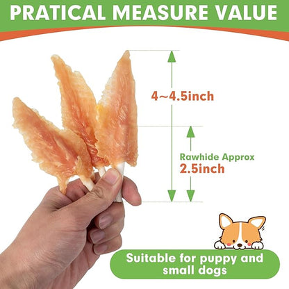 MON2SUN Dog Rawhide Twist 4-4.5 Inch Chicken Wrapped Rawhide Sticks for Puppy and Small Dogs, Promotes Dental Health Chicken Wings (10.08 Ounce -Pack of 1)