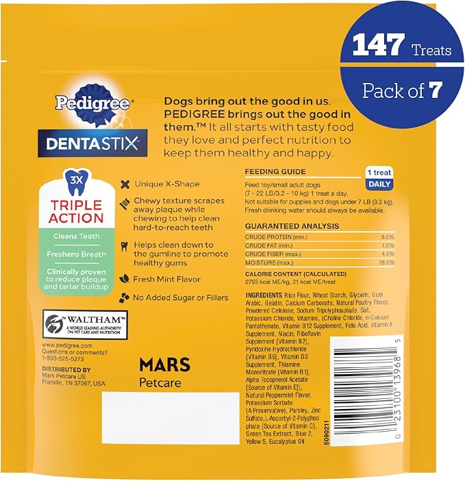 PEDIGREE DENTASTIX Dental Dog Treats for Toy/Small Dogs Fresh Flavor Dental Bones, 21 Count (Pack of 7)