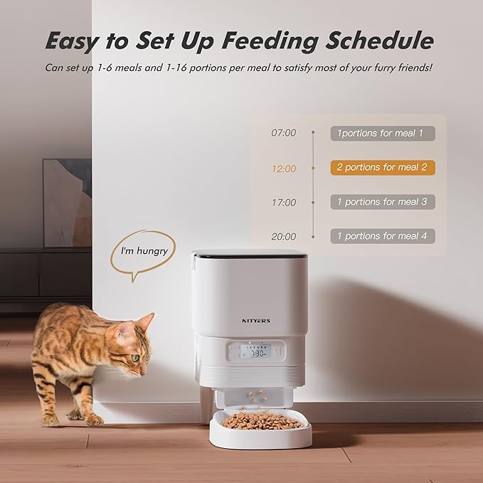 Automatic Cat Feeder -Timed Feeder for Dry Food, Easy Control to Programmable, Pet Feeder with Battery/Power Supply, Cat Food Dispenser, 1-6 Meals Per Day, Non-slip bottom, Lid with locked