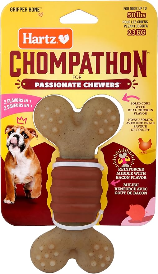 Hartz New Chompathon Gripper Bone Dog Chew Toy for Aggressive Chewers, Double Layered Flavored with Chicken & Bacon