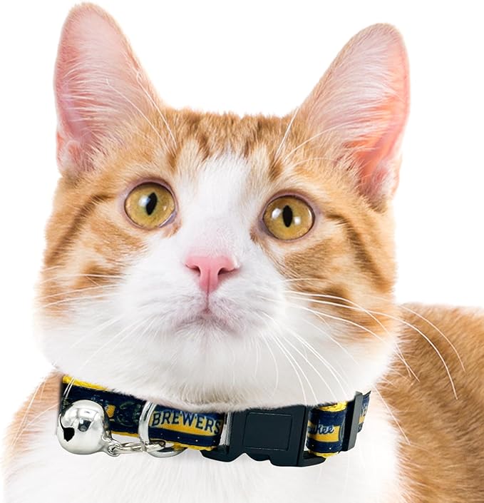 MLB CAT Collar Milwaukee Brewers Satin Cat Collar Baseball Team Collar for Dogs & Cats. A Shiny & Colorful Cat Collar with Ringing Bell Pendant