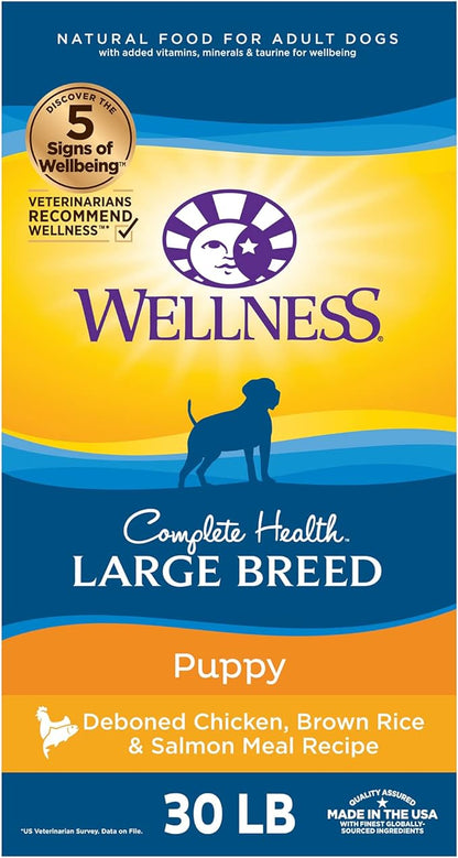 Wellness Complete Health Large Breed Dry Dog Puppy Food with Grains, Natural Ingredients, Made in USA with Real Meat (Puppy, Chicken, Salmon & Rice, 30-Pound Bag)