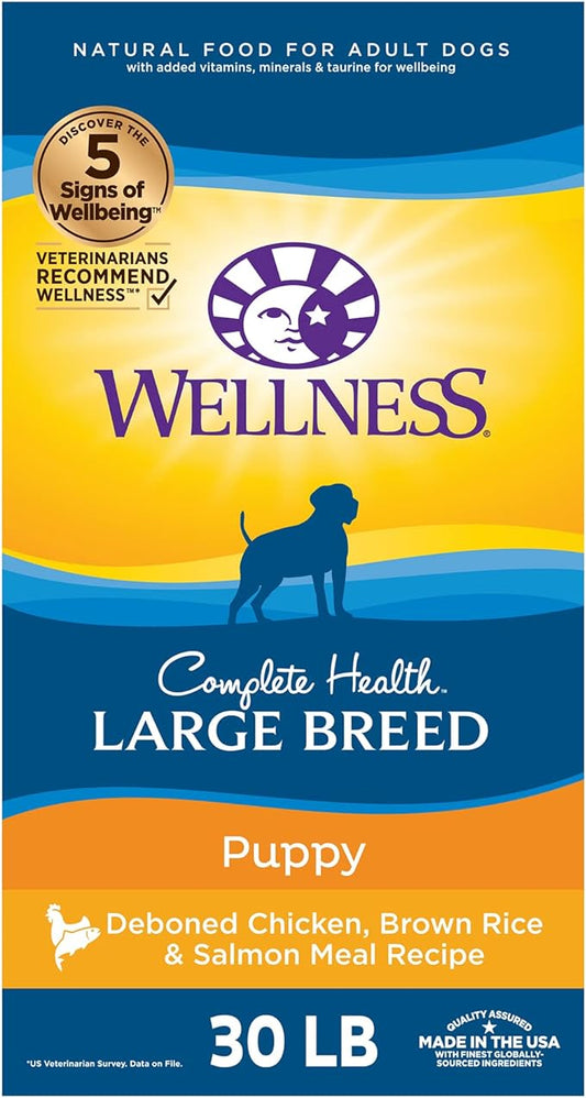 Wellness Complete Health Large Breed Dry Dog Puppy Food with Grains, Natural Ingredients, Made in USA with Real Meat (Puppy, Chicken, Salmon & Rice, 30-Pound Bag)