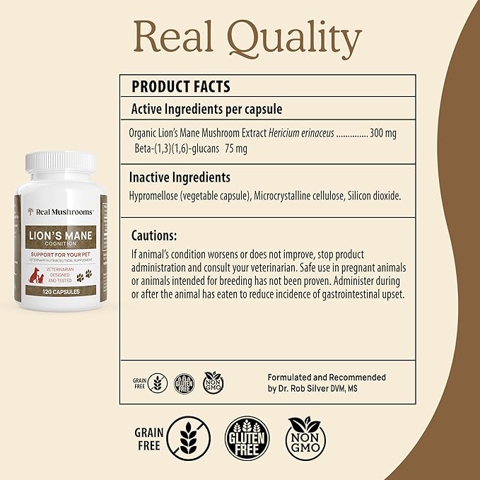 Real Mushrooms Lions Mane Pet Support Mushroom Supplement - Cat & Dog Vitamins and Supplements for Cognition & Memory Support - Vet Approved Mushroom Complex Capsules (120ct) Gluten-Free, Non-GMO