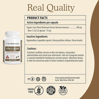 Real Mushrooms Lions Mane Pet Support Mushroom Supplement - Cat & Dog Vitamins and Supplements for Cognition & Memory Support - Vet Approved Mushroom Complex Capsules (120ct) Gluten-Free, Non-GMO