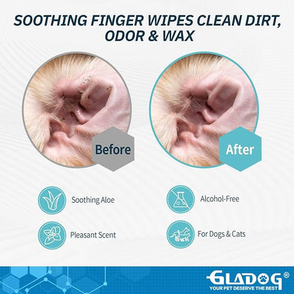 GLADOG Dog Ear Cleaner Finger Wipes, Ear Finger Wipes for Dogs Cats, Gently Removes Dirt & Odor, Dissolves Wax Build-Up, Easy to Use, Ear Cleaning Finger Wipes for Dogs, Natural Ingredients - 55 Count