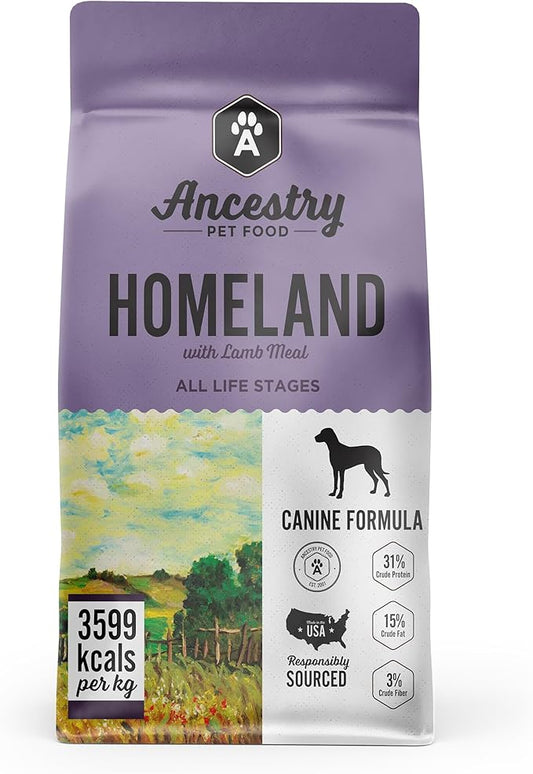 Ancestry Homeland Dog Food, Lamb Meal & Sweet Potato, Blend of Lamb, Duck, Salmon & Pork, Multi-Protein Mix, For All Life Stages, Grain Free, Digestiable, Gut Health & Immune Support (25 lb. Bag)