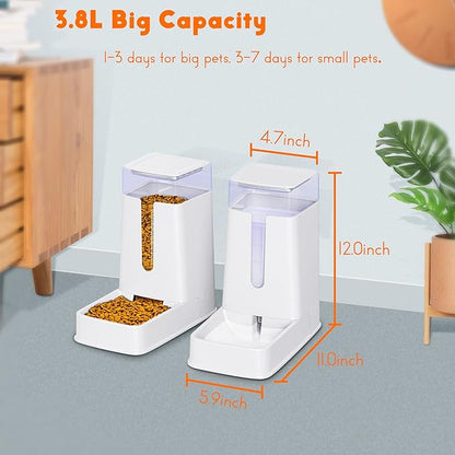 Automatic Cat Feeder and Cat Water Dispenser in Set 2 Packs Automatic Dog Feeder and Dog Water Dispenser 1 Gallon for Small Medium Big Dog Pets Puppy Kitten (white)