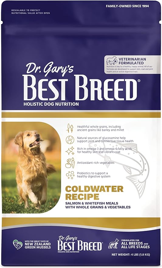 Best Breed Dr. Gary's Coldwater Recipe Slow-Cooked in USA, Natural Dry Dog Food for All Breeds and Sizes, 4lbs