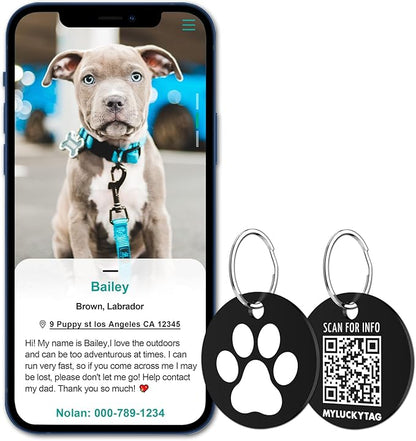 MYLUCKYTAG Stainless Steel QR Code Pet ID Tags Dog Tags - Pet Online Profile - Scan QR Receive Instant Pet Location Alert Email