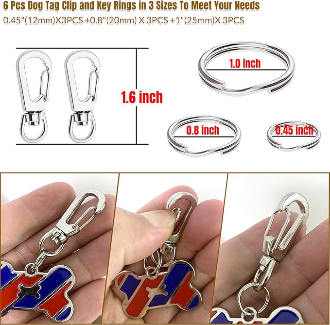 6 Pcs 1.6 inch Dog Tag Clips for Collar, Replaceable Dog ID Name Tag Ring Clip Dog Tag Attachment Clip Pet tag Quick Clip Clips Rings for Pet Collar and 9 Pcs Key Ring Clips Accessories