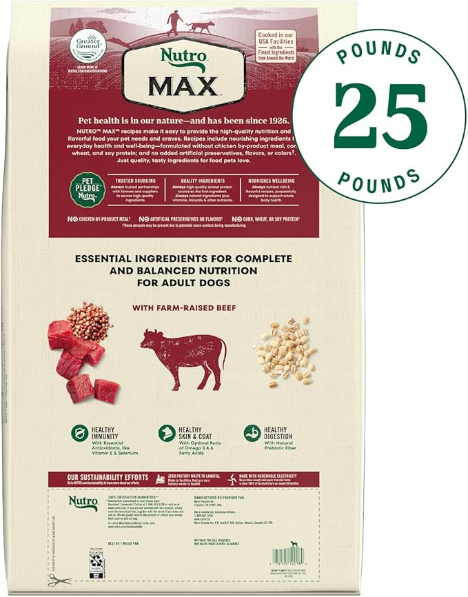 Nutro Max Adult Recipe Dry Dog Food With Farm Raised Beef, 25 LB Bag