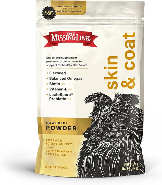 The Missing Link Skin & Coat Probiotics Superfood Supplement Powder for Dogs - Omegas 3 & 6, Fiber, Vitamin-E, Biotin - Supports Healthy Skin & Glossy Coat, Promotes Hair Growth - 1lb