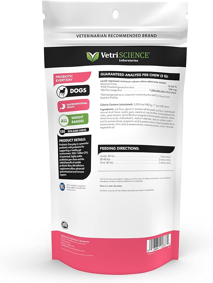 VetriScience Probiotic Everyday for Dogs Duck Flavor 120 Chews - Itchy Skin Gut Health and Gas Relief with Prebiotics