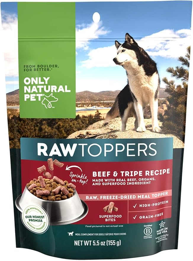 Only Natural Pet Raw Toppers Freeze Dried Beef and Tripe Recipe - Protein Packed, Great Tasting Freeze Dried Raw Food Topper for Dogs - 5.5 OZ Bag 2 Pack