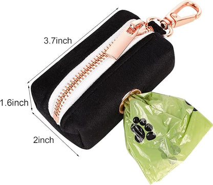 ARING PET Dog Waste Bag Dispenser, Soft Black Doggy Poop Bags Holders Attach to Any Leashes, Velvet Portable Washable Pet Waste Pouch Dispenser with Metal Zipper