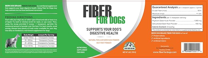 Fiber for Dogs Psyllium Seed Husk Powder & Dehydrated Beet Root Powder Aids a Number of Intestinal Disorders in Dogs Including Diarrhea, Constipation & Anal Gland Issues. Available in 6 and 12 oz.