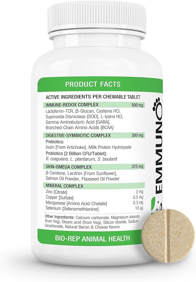 Emmuno Canine - Patented Digestive, Immune, Skin & Coat Health Supplement for Dogs - All Natural Lactoferrin, Probiotics, Prebiotics, Enzymes, Omega 3 Fish Oil and More - 90 Chewable Tablets