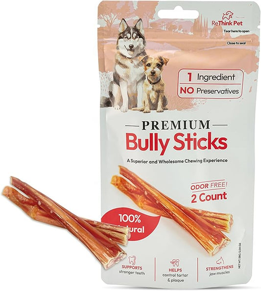 Premium Odor-Free Bully Sticks for Dogs - 2 pcs Beef Flavored Natural Dog Chews & Treats