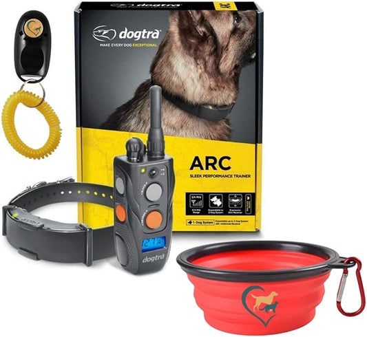 Dogtra ARC Dog Training Collar - 3/4 Mile Range, Waterproof, Rechargeable, Static, Vibration, Fits 15lbs & Up, Includes Free Essential Pet Products Training Clicker and Collapsible Food and Water Bowl