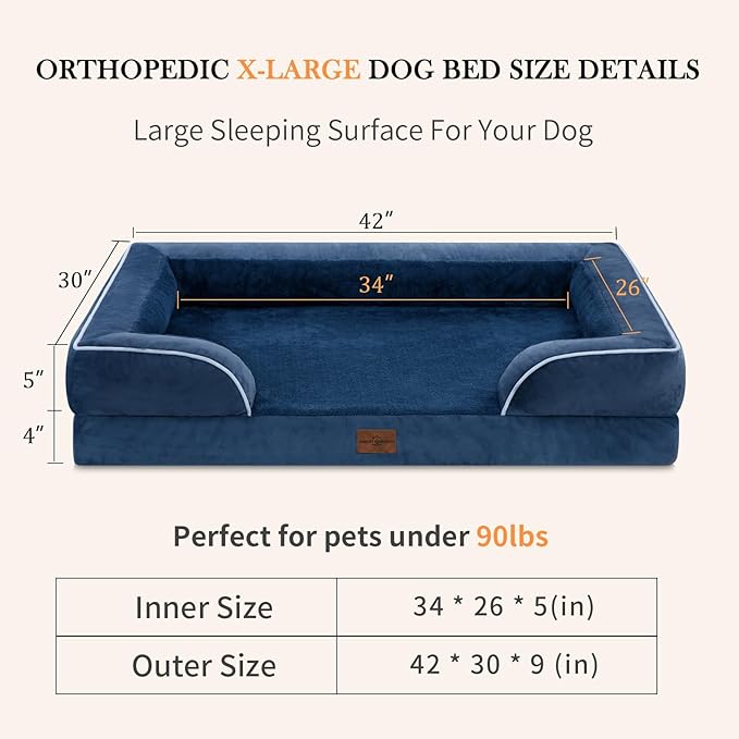 Extra Large Dog Beds, Waterproof Orthopedic Foam Dog Beds, XL Dog Bed with Bolster, Washable Dog Bed Sofa Pet Bed with Removable Cover & Non-Slip Bottom(X-large,Navy Blue)
