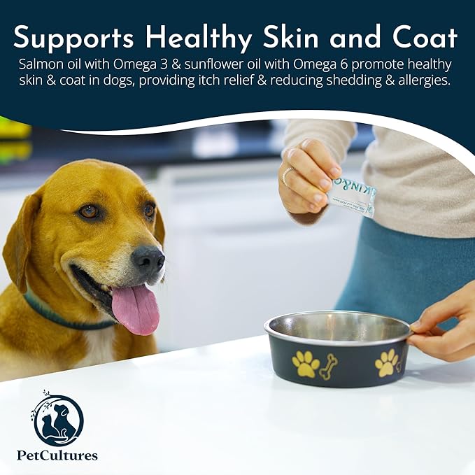 Skin & Coat Supplement for Dogs with Fish Oil & Salmon Oil, Omega 3 Dog Supplement Powder with PRE, PRO, & Post-biotics, 30 Dog Skin Allergy Relief Packs