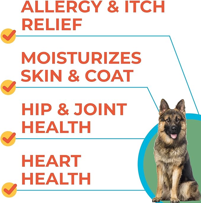 Omega 3 Fish Oil for Dogs (180 Ct) - Skin & Coat Chews - Dry & Itchy Skin Relief + Allergy Support - Shiny Coats - EPA&DHA Fatty Acids - Natural Salmon Oil Chews Promotes Heart, Hip & Joint Support