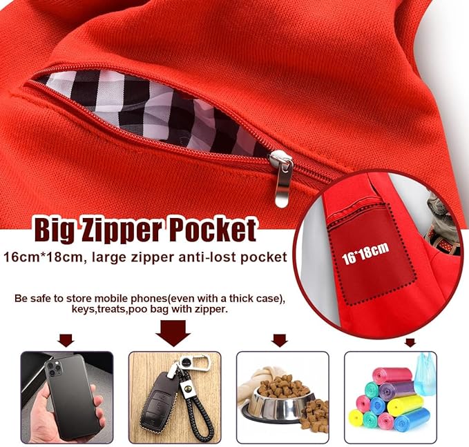 Tomkas Dog Carrier Sling with Adjustable Buckle Strap & Zip Pocket & Snap Closure for pet Puppy cat (M - Adjustable for 3-10 lbs, Red)