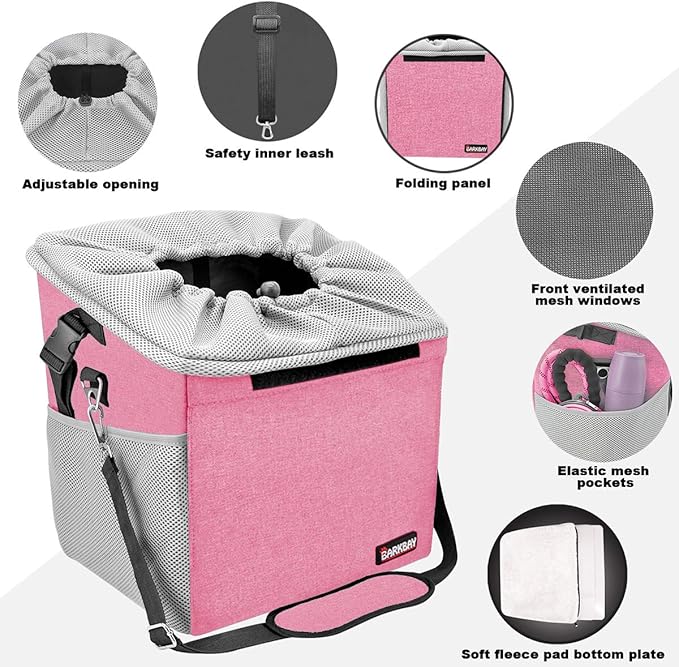 Pet Carrier Bicycle Basket Bag Pet Carrier/Booster Backpack for Dogs and Cats with Big Side Pockets,Comfy & Padded Shoulder Strap,Travel with Your Pet Safety（Pink）