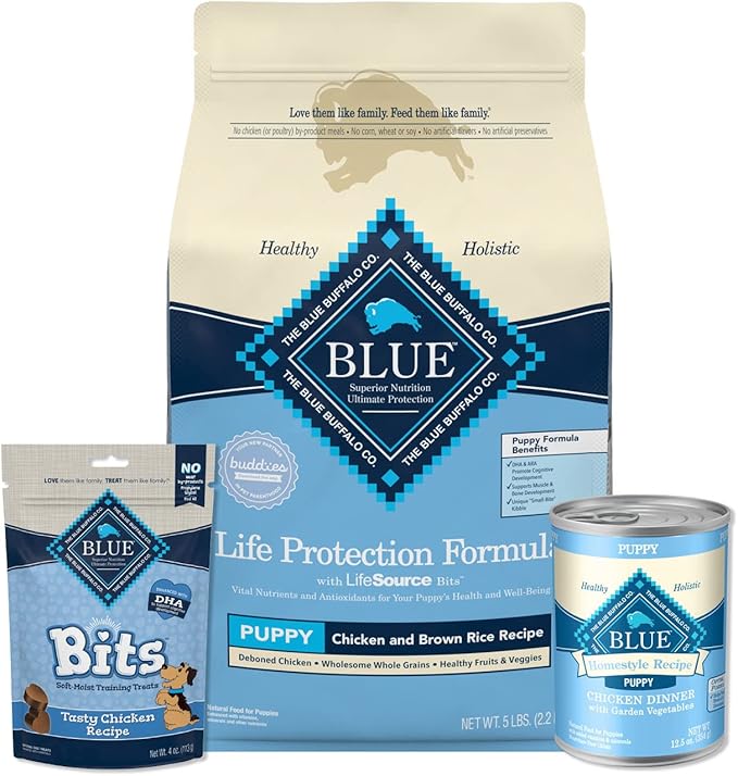 Blue Buffalo Life Protection Formula Natural Puppy Starter Kit- Dry Dog Food, Wet Puppy Food, & BLUE Bits Puppy Training Treats, Chicken