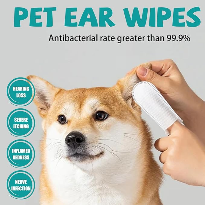 Ear Finger Wipes for Dogs & Cats - Gently Remove Ear Wax, Debris Sooths Relieve Ear - 50 Count